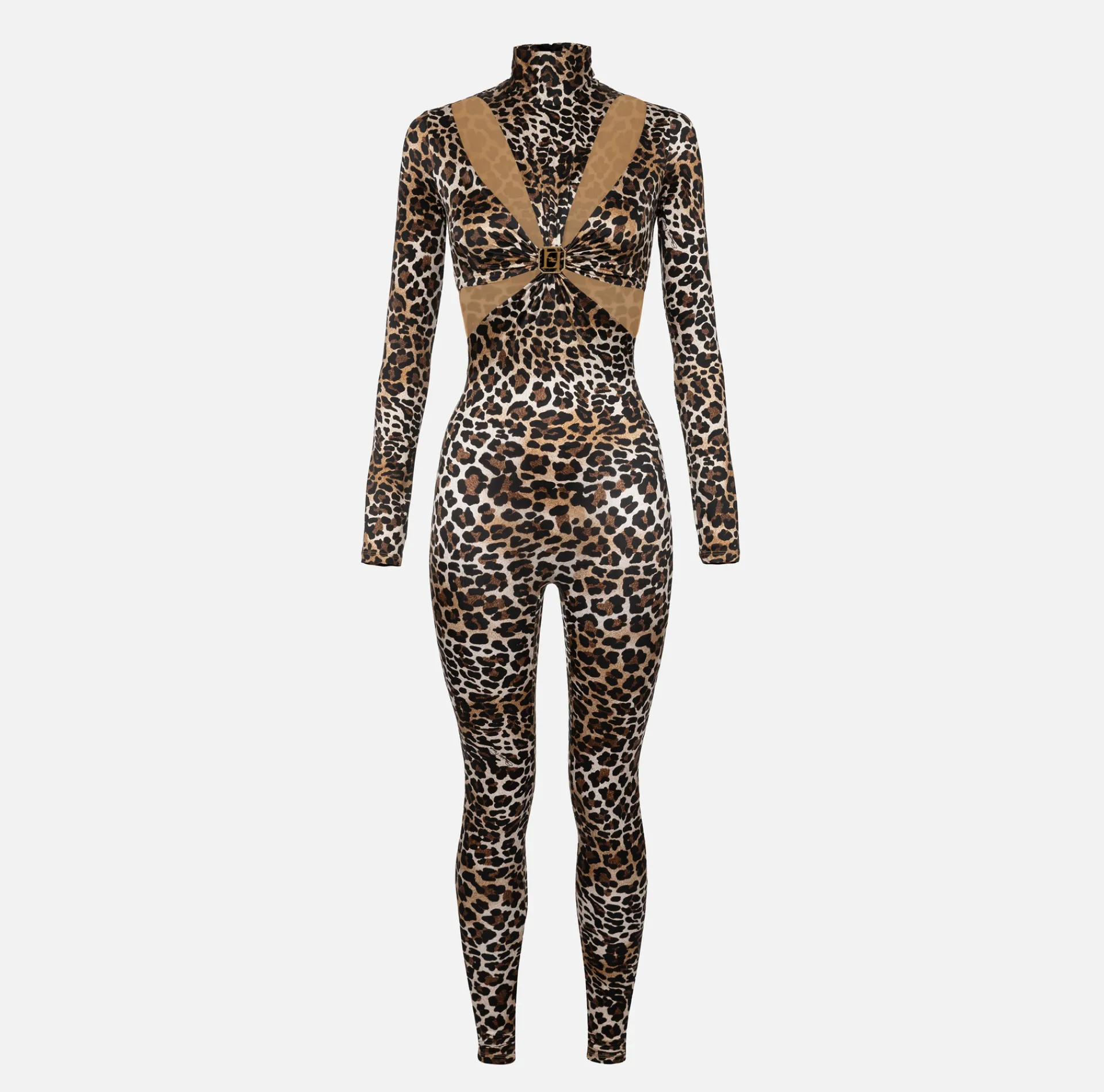 Elisabetta Franchi Jumpsuits|Animalier print Lycra jumpsuit with cut-out pattern and logo accessory Animalprint