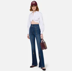 Elisabetta Franchi Jeans|Bell-bottom cotton jeans with zip DenimBlue
