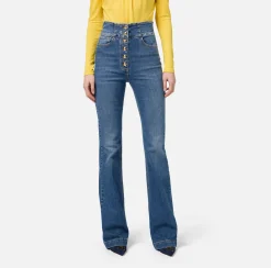 Elisabetta Franchi Jeans|Bell-bottom stretch cotton jeans with central button placket DenimBlue