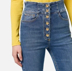 Elisabetta Franchi Jeans|Bell-bottom stretch cotton jeans with central button placket DenimBlue