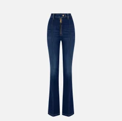 Elisabetta Franchi Jeans|Bell-bottom stretch cotton jeans with ribs DenimBlue