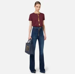 Elisabetta Franchi Jeans|Bell-bottom stretch cotton jeans with ribs DenimBlue