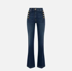 Elisabetta Franchi Jeans|Bell-bottom stretch cotton jeans with side button placket DenimBlue