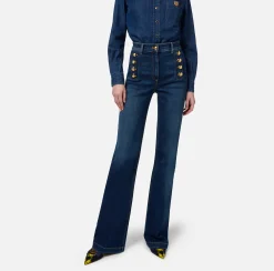 Elisabetta Franchi Jeans|Bell-bottom stretch cotton jeans with side button placket DenimBlue