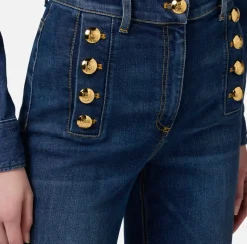 Elisabetta Franchi Jeans|Bell-bottom stretch cotton jeans with side button placket DenimBlue