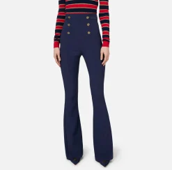 Elisabetta Franchi Trousers And Shorts|Bell-bottom trousers in crêpe fabric with satin waistband Navy