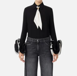 Elisabetta Franchi Shirts And Blouses|Blouse in georgette fabric with ruffles and foulard scarf Black/Butter