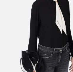 Elisabetta Franchi Shirts And Blouses|Blouse in georgette fabric with ruffles and foulard scarf Black/Butter
