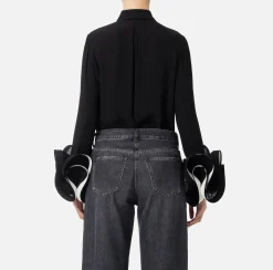 Elisabetta Franchi Shirts And Blouses|Blouse in georgette fabric with ruffles and foulard scarf Black/Butter