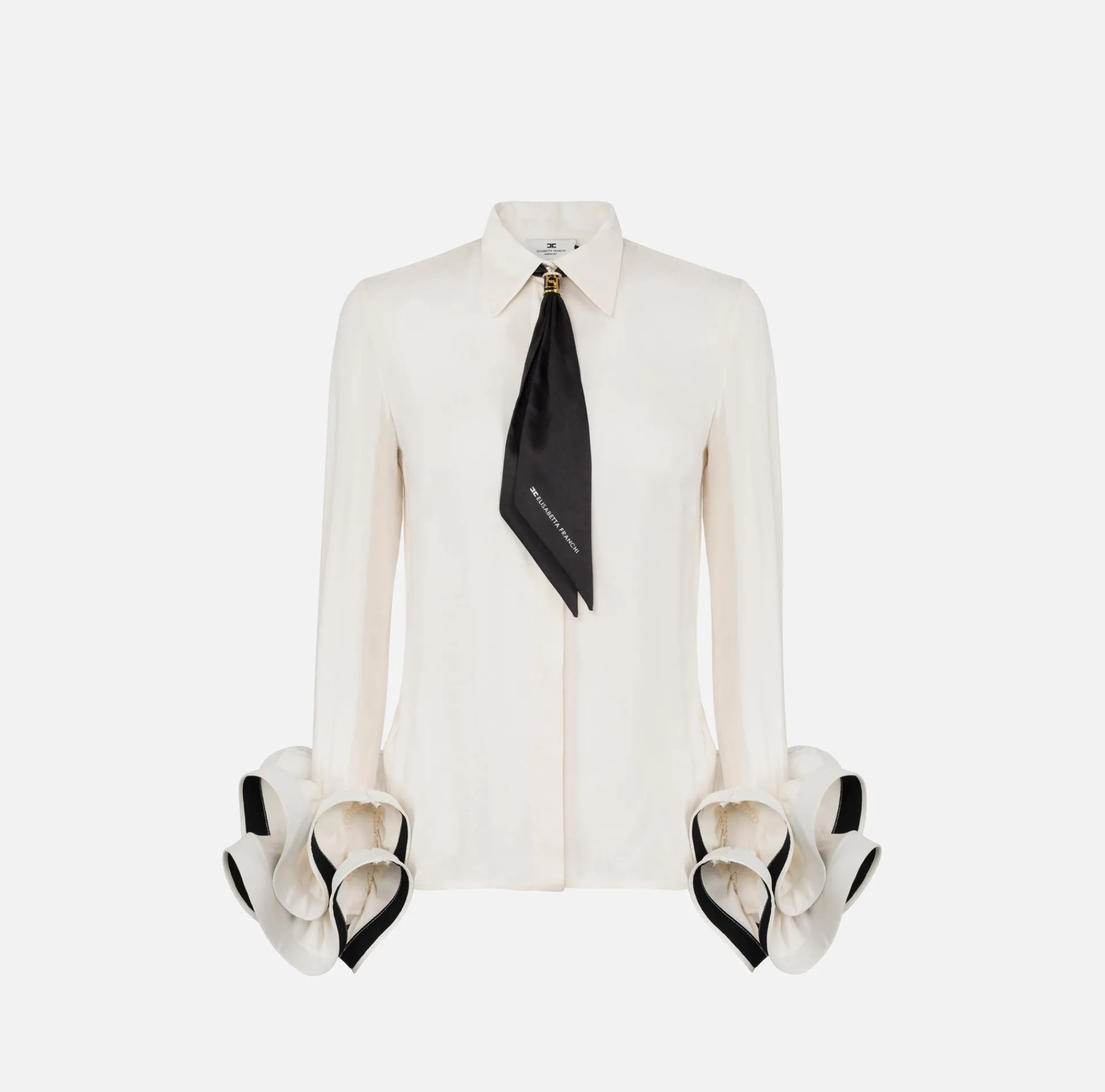 Elisabetta Franchi Shirts And Blouses|Blouse in georgette fabric with ruffles and foulard scarf Butter/Black