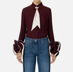 Elisabetta Franchi Shirts And Blouses|Blouse in georgette fabric with ruffles and foulard scarf RougeNoir/Butter