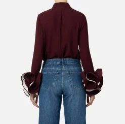 Elisabetta Franchi Shirts And Blouses|Blouse in georgette fabric with ruffles and foulard scarf RougeNoir/Butter