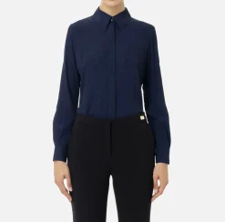 Elisabetta Franchi Shirts And Blouses|Blouse in jacquard georgette fabric with lettering Navy
