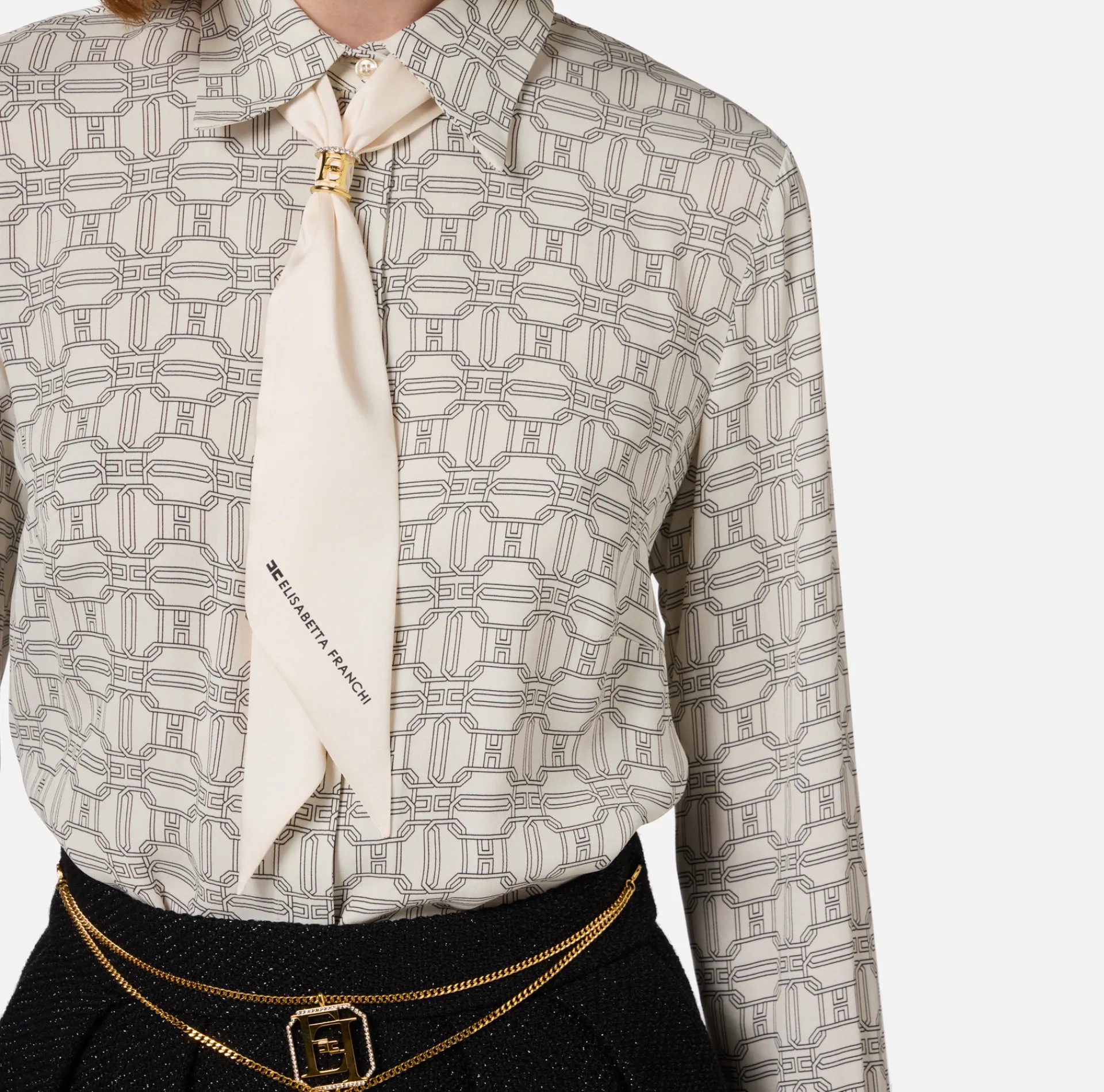 Elisabetta Franchi Shirts And Blouses|Blouse in printed georgette fabric with ruffles and foulard scarf Butter/Black
