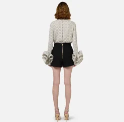 Elisabetta Franchi Shirts And Blouses|Blouse in printed georgette fabric with ruffles and foulard scarf Butter/Black