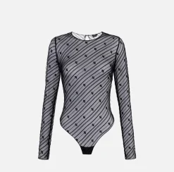 Elisabetta Franchi Top And T-Shirts|Bodysuit in flocked tulle with diagonal pattern Black