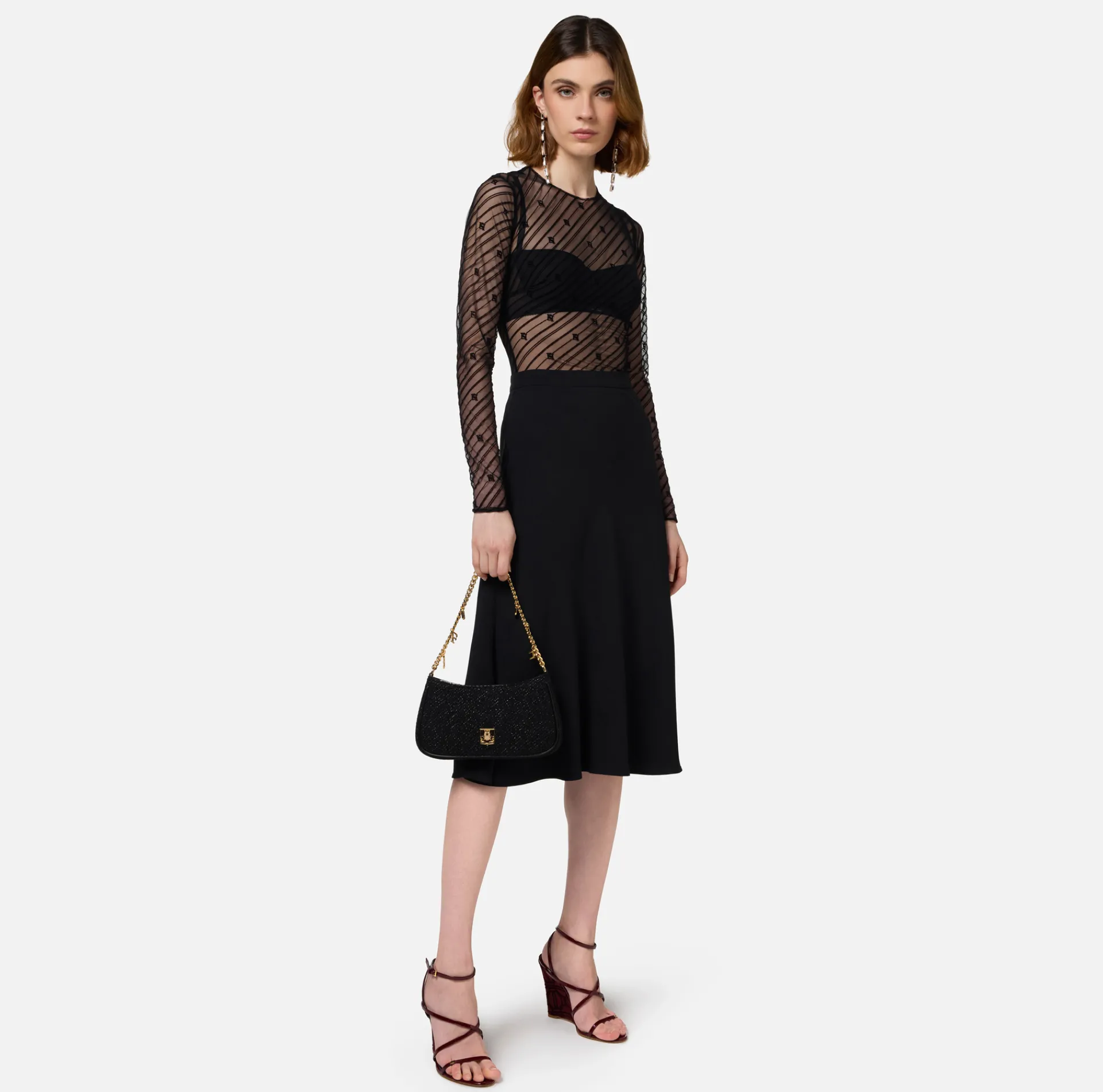 Elisabetta Franchi Top And T-Shirts|Bodysuit in flocked tulle with diagonal pattern Black