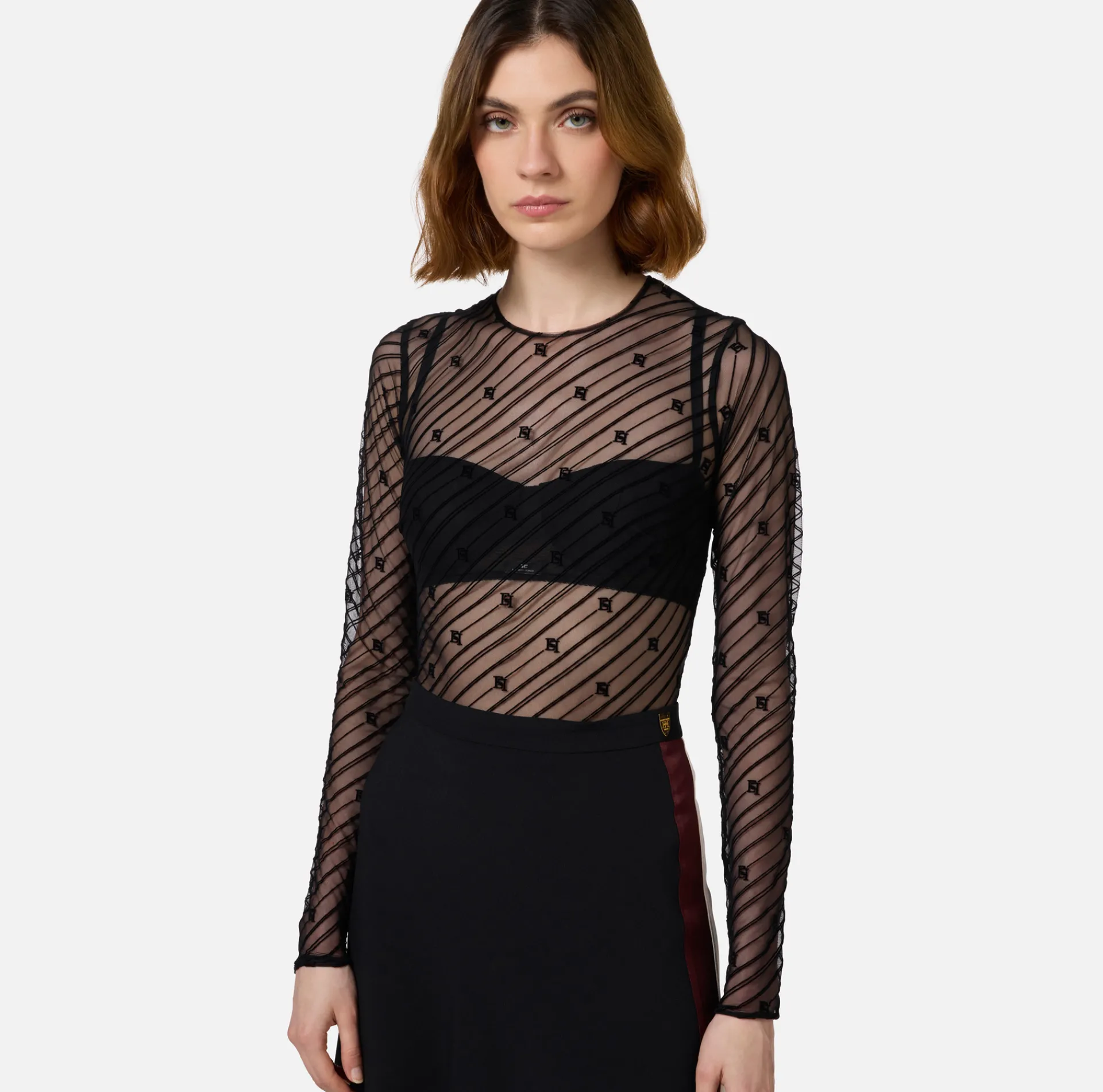 Elisabetta Franchi Top And T-Shirts|Bodysuit in flocked tulle with diagonal pattern Black