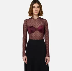 Elisabetta Franchi Top And T-Shirts|Bodysuit in jacquard tulle fabric with cups RougeNoir
