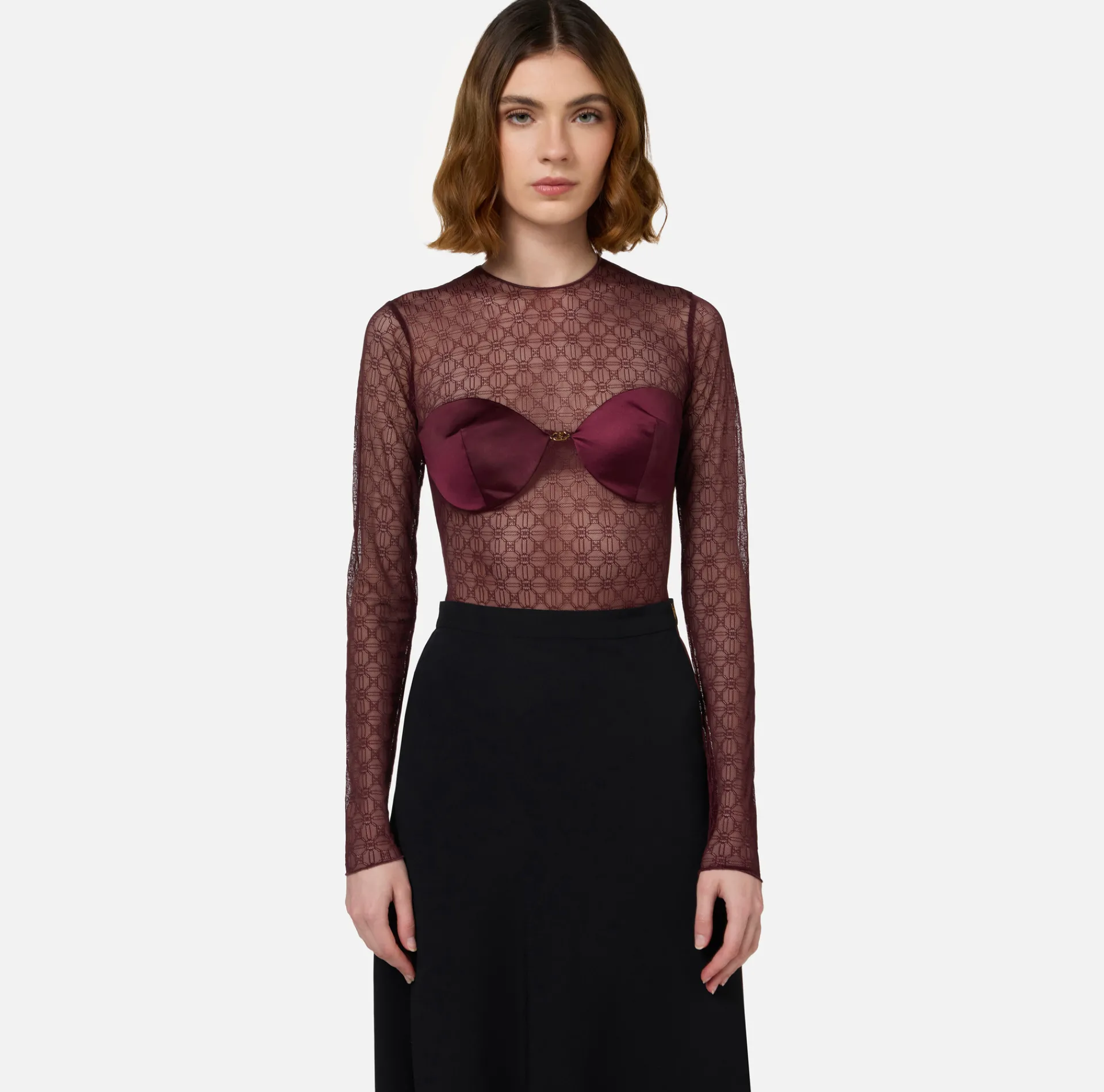 Elisabetta Franchi Top And T-Shirts|Bodysuit in jacquard tulle fabric with cups RougeNoir