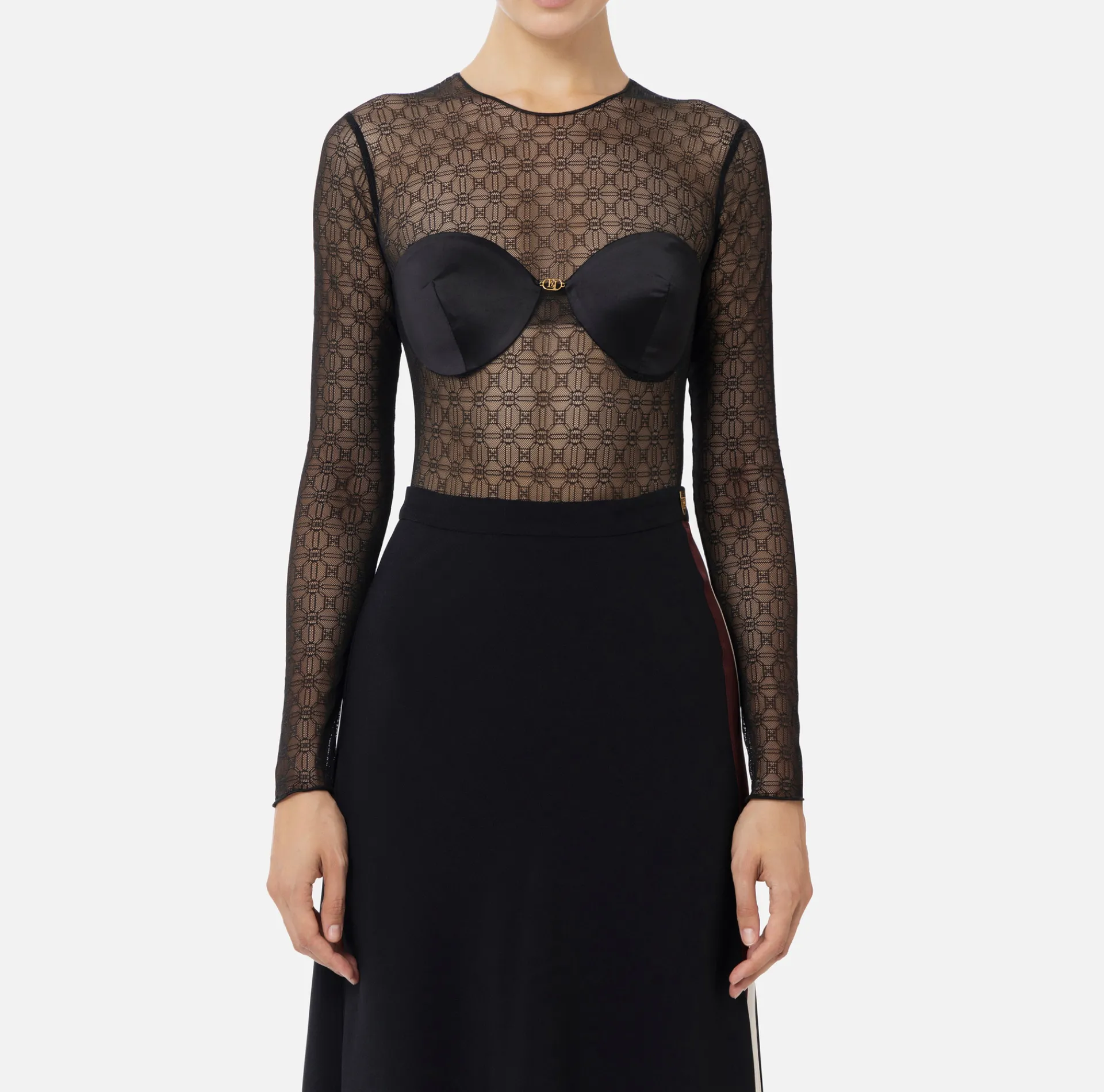 Elisabetta Franchi Top And T-Shirts|Bodysuit in jacquard tulle fabric with cups Black