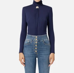 Elisabetta Franchi Top And T-Shirts|Bodysuit in jersey fabric with draping and logo plaque Navy