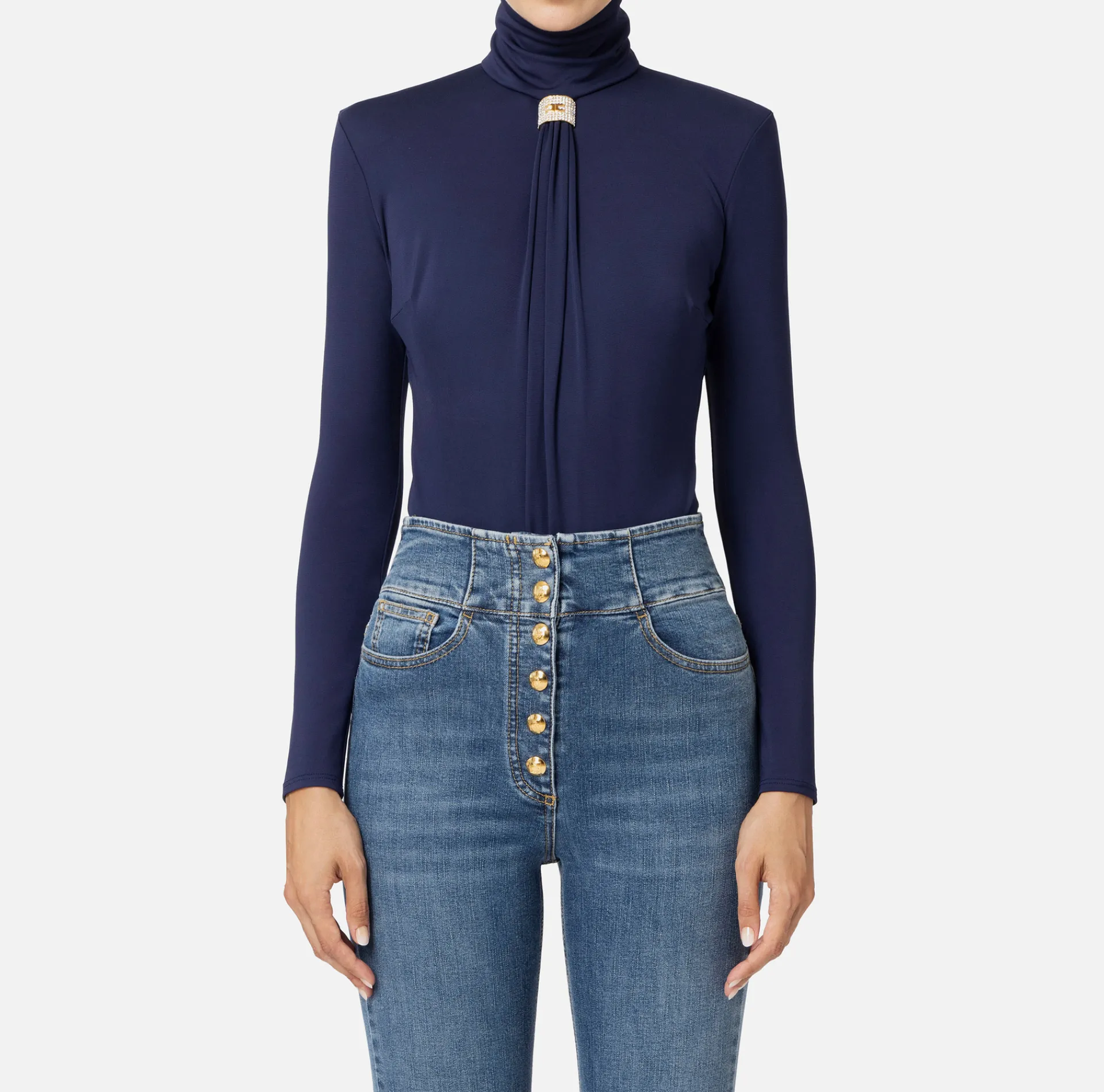 Elisabetta Franchi Top And T-Shirts|Bodysuit in jersey fabric with draping and logo plaque Navy
