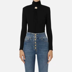 Elisabetta Franchi Top And T-Shirts|Bodysuit in jersey fabric with draping and logo plaque Black