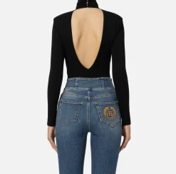 Elisabetta Franchi Top And T-Shirts|Bodysuit in jersey fabric with draping and logo plaque Black