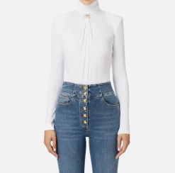 Elisabetta Franchi Top And T-Shirts|Bodysuit in jersey fabric with draping and logo plaque Ivory
