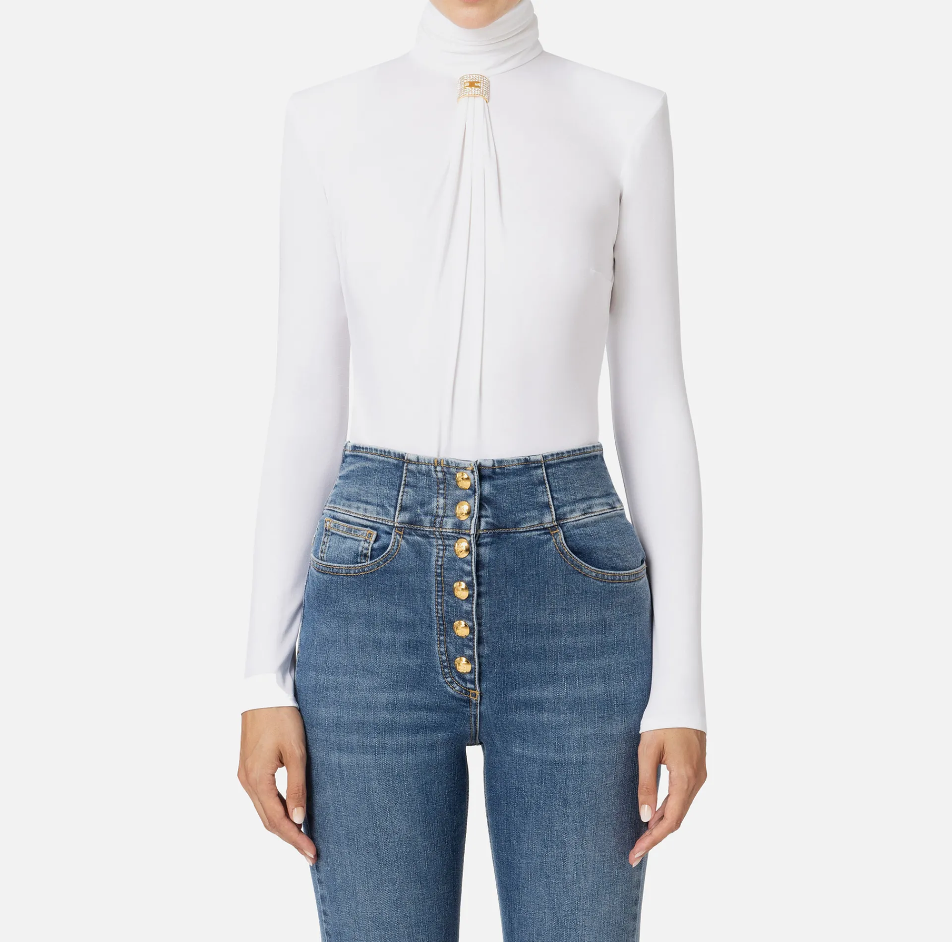 Elisabetta Franchi Top And T-Shirts|Bodysuit in jersey fabric with draping and logo plaque Ivory