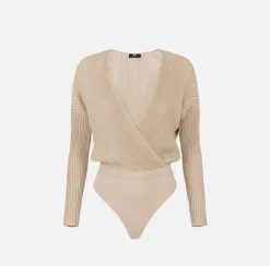 Elisabetta Franchi Top And T-Shirts|Bodysuit in narrow-ribbed lurex and viscose fabric Tan