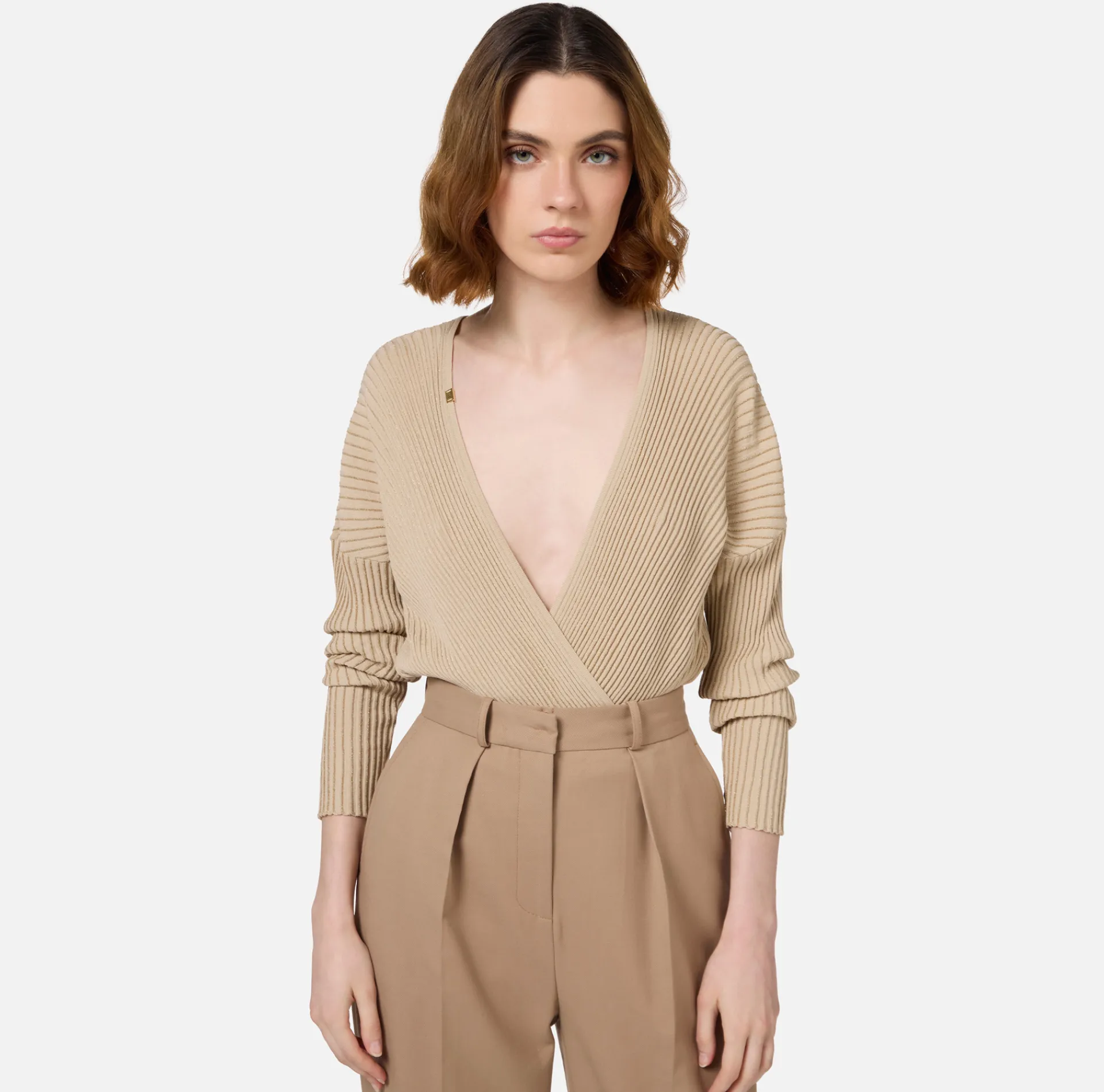 Elisabetta Franchi Top And T-Shirts|Bodysuit in narrow-ribbed lurex and viscose fabric Tan