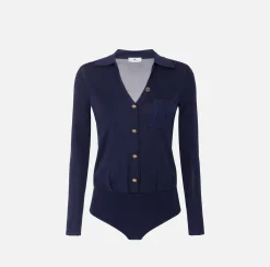 Elisabetta Franchi Top And T-Shirts|Bodysuit in shiny viscose fabric with logo embroidery Navy