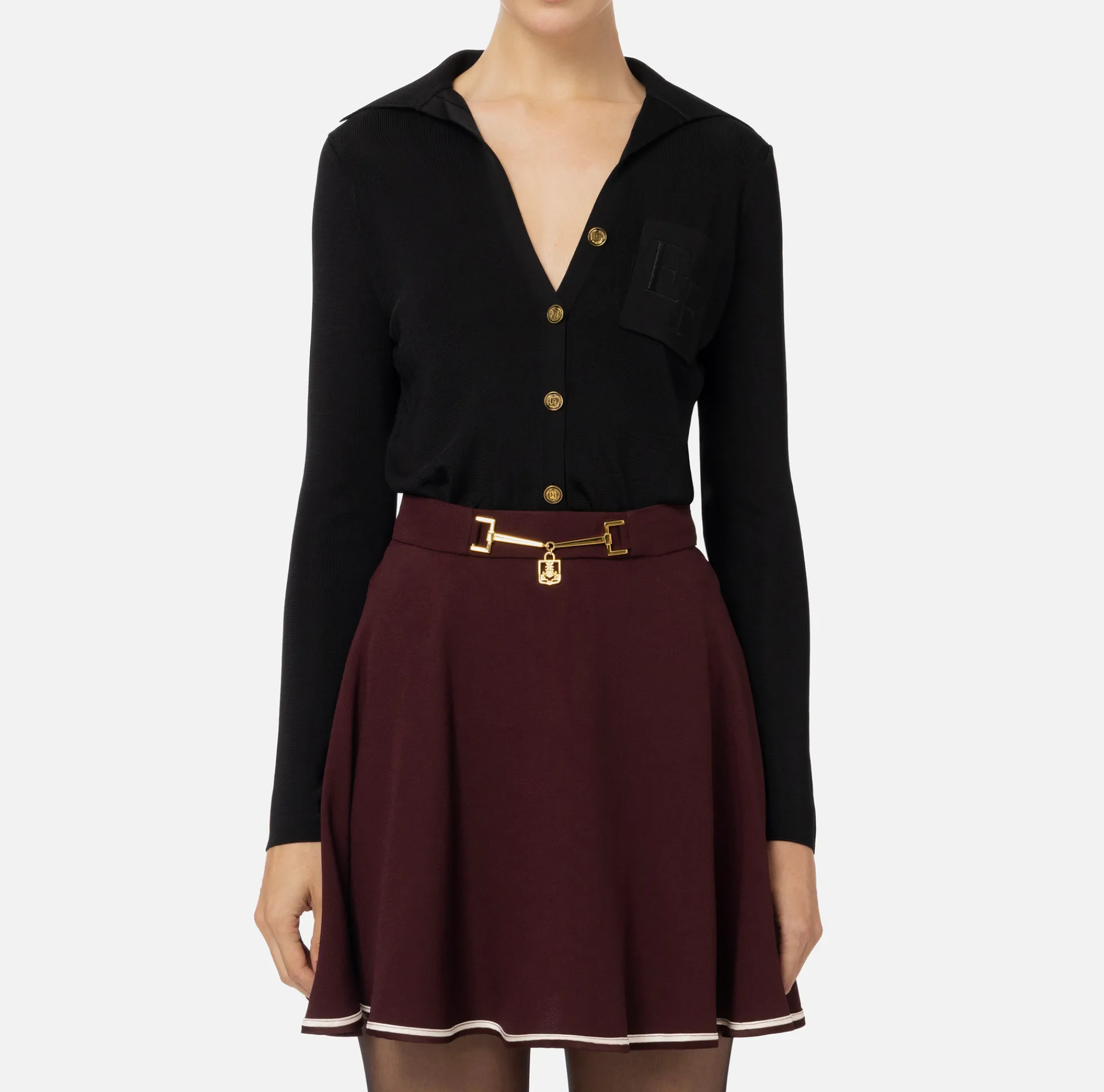 Elisabetta Franchi Top And T-Shirts|Bodysuit in shiny viscose fabric with logo embroidery Black