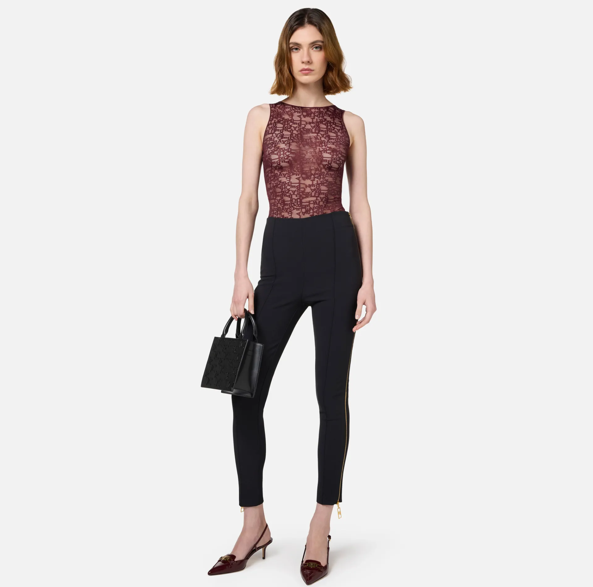 Elisabetta Franchi Top And T-Shirts|Bodysuit in tulle fabric with lettering RougeNoir