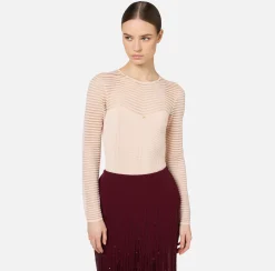 Elisabetta Franchi Top And T-Shirts|Bodysuit in viscose fabric with herringbone pattern PowderPink