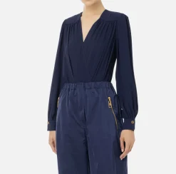 Elisabetta Franchi Shirts And Blouses|Top And T-Shirts|Bodysuit-style blouse in georgette fabric with embroidery on the shoulders Navy