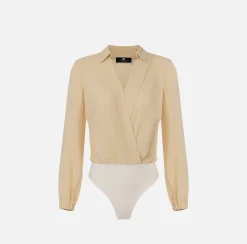 Elisabetta Franchi Shirts And Blouses|Top And T-Shirts|Bodysuit-style blouse in georgette fabric with crossover neckline Cream
