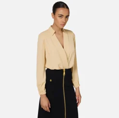 Elisabetta Franchi Shirts And Blouses|Top And T-Shirts|Bodysuit-style blouse in georgette fabric with crossover neckline Cream