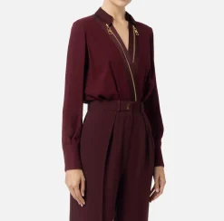 Elisabetta Franchi Shirts And Blouses|Top And T-Shirts|Bodysuit-style blouse in georgette and satin fabrics with zip RougeNoir