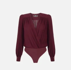 Elisabetta Franchi Shirts And Blouses|Top And T-Shirts|Bodysuit-style blouse in georgette fabric with embroidery on the shoulders RougeNoir