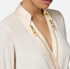 Elisabetta Franchi Shirts And Blouses|Top And T-Shirts|Bodysuit-style blouse in georgette and satin fabrics with zip Butter