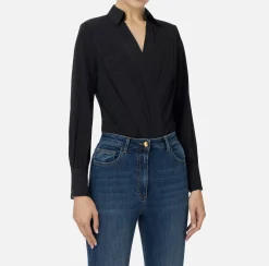 Elisabetta Franchi Shirts And Blouses|Top And T-Shirts|Bodysuit-style blouse in jacquard georgette fabric with lettering Black