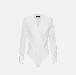 Elisabetta Franchi Shirts And Blouses|Top And T-Shirts|Bodysuit-style blouse in jacquard georgette fabric with lettering Ivory