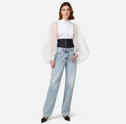 Elisabetta Franchi Top And T-Shirts|Shirts And Blouses|Bodysuit-style blouse in organza fabric with bib Ivory