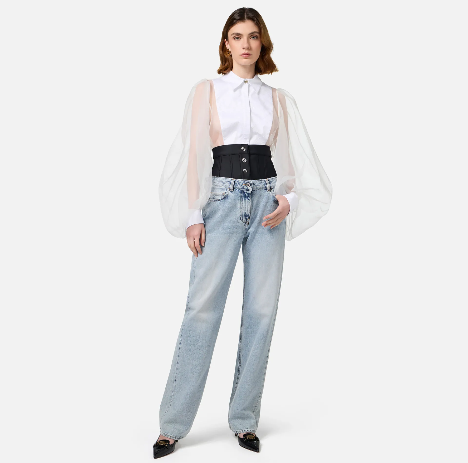 Elisabetta Franchi Top And T-Shirts|Shirts And Blouses|Bodysuit-style blouse in organza fabric with bib Ivory