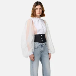 Elisabetta Franchi Top And T-Shirts|Shirts And Blouses|Bodysuit-style blouse in organza fabric with bib Ivory