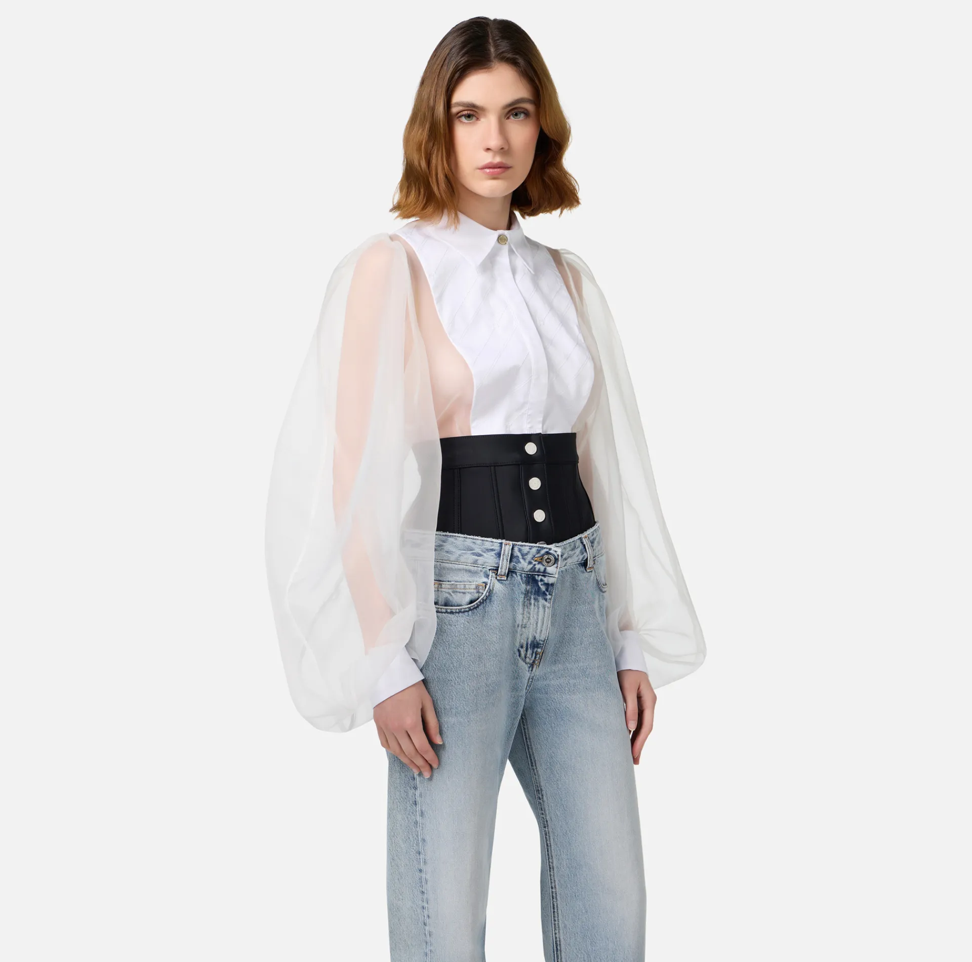Elisabetta Franchi Top And T-Shirts|Shirts And Blouses|Bodysuit-style blouse in organza fabric with bib Ivory