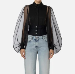 Elisabetta Franchi Top And T-Shirts|Shirts And Blouses|Bodysuit-style blouse in organza fabric with bib Black